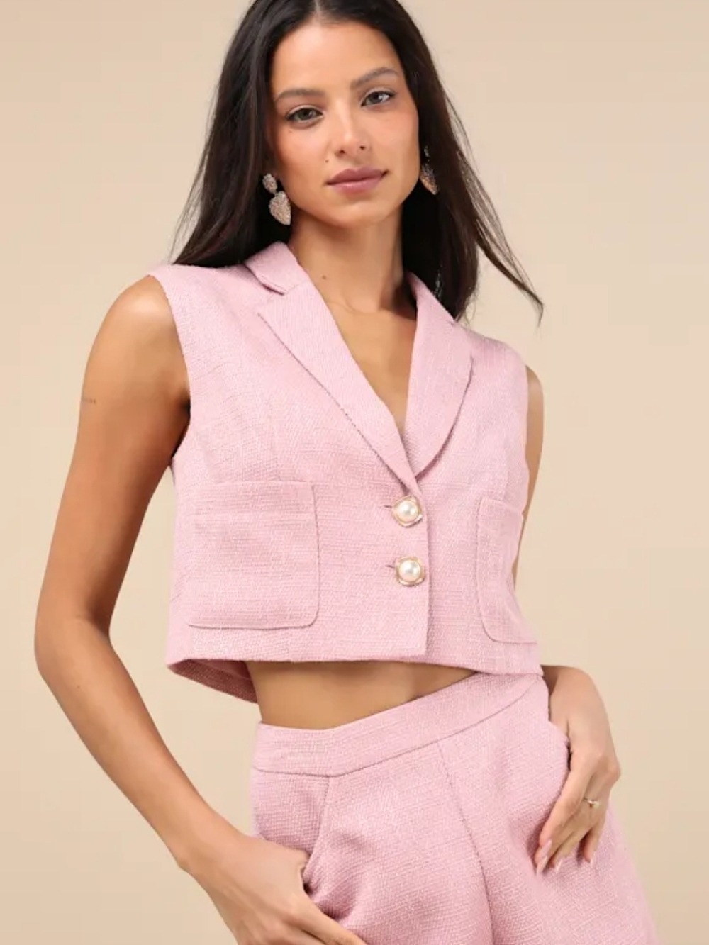 Lulus Pink Tweed Sleeveless Cropped Blazer